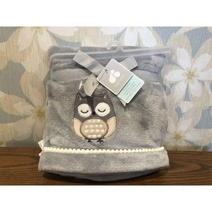 New Just Born "Hello" Owl Baby Blanket Plush Gray Embroidered Boy/Girl